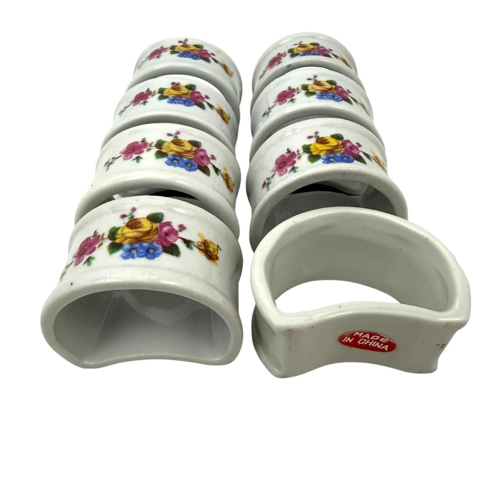 Vintage Floral Ceramic Napkin Rings Set of 8 White Porcelain Rose Garden Decor - Picture 6 of 8